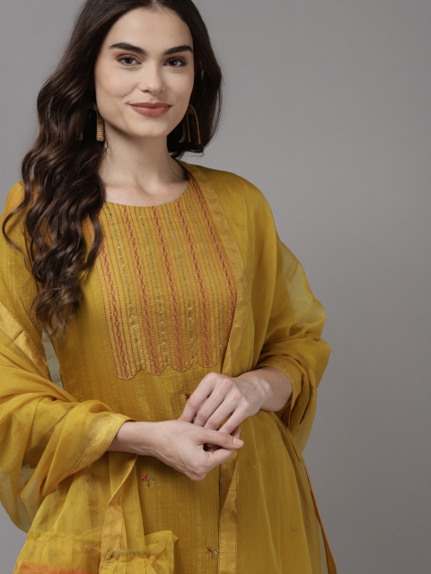 

Indo Era Women Yellow Yoke Design Regular Sequinned Kurta with Palazzos & With Dupatta