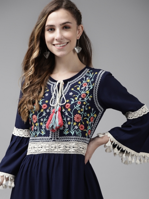 

Indo Era Women Navy Blue & White Floral Embroidered Cotton Anarkali Kurta
