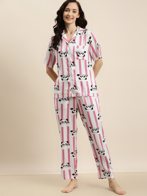 

ADORENITE Women White & Pink Printed Night suit