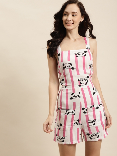 

ADORENITE Women White & Pink Printed Romper Night suit