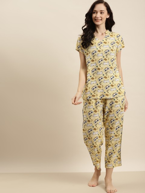 

ADORENITE Women Yellow & Multicoloured Printed Night suit