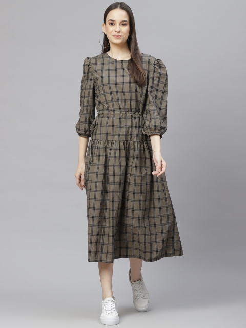 

I AM FOR YOU Olive Green & Blue Checked Drop-Waist Midi Dress