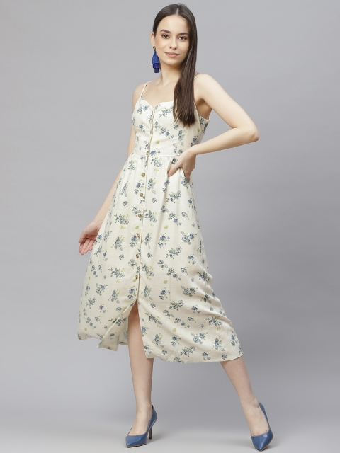 

I AM FOR YOU Cream-Coloured & Blue Floral A-Line Midi Dress