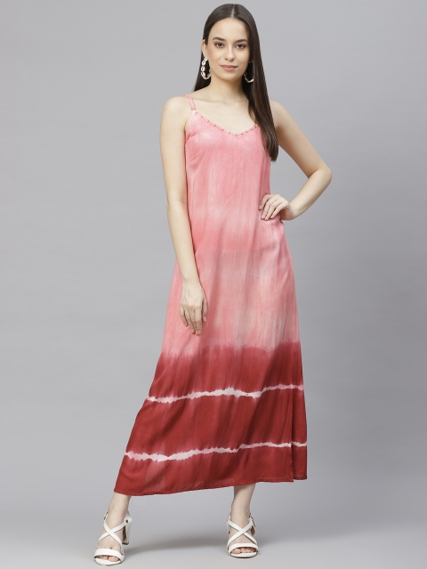 

I AM FOR YOU Pink & Maroon Tie and Dye Dyed A-Line Midi Dress