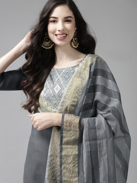 

Indo Era Women Grey Yoke Design Regular Kurta with Palazzos & Dupatta