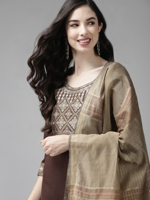 

Indo Era Women Brown Yoke Design Regular Kurta with Palazzos & Dupatta