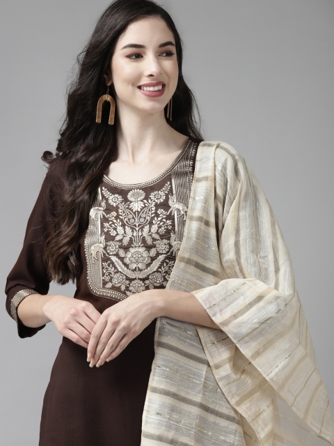 

Indo Era Women Brown Yoke Design Regular Kurta with Palazzos & Dupatta