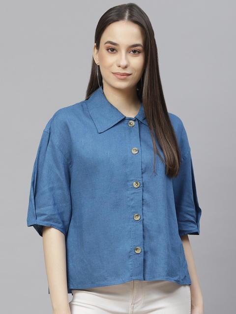 

I AM FOR YOU Women Blue Boxy Opaque Casual Shirt