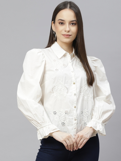

I AM FOR YOU Women White Floral Embroidered Opaque Casual Shirt
