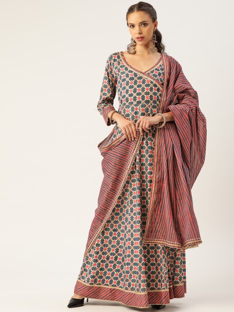 

TARA-C-TARA Women Blue & Pink Printed Maxi Dress with Dupatta