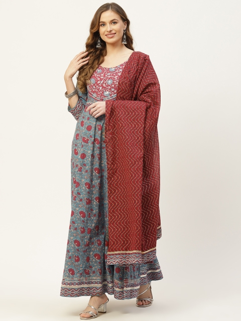 

TARA-C-TARA Blue & Red Floral Ethnic Maxi Dress With Dupatta