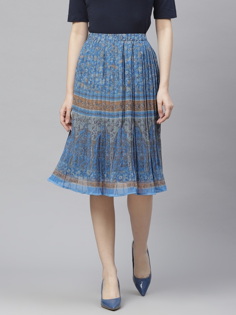 

I AM FOR YOU Women Blue & Grey Printed Accordion Pleated Midi A-Line Skirt