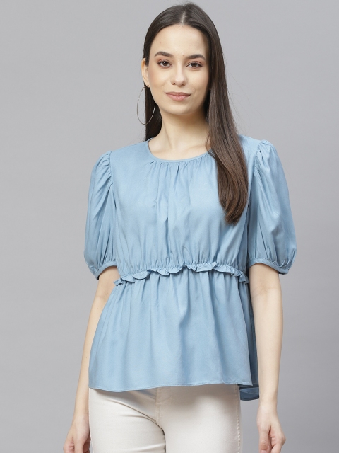 

I AM FOR YOU Blue Ruffles Tencile Denim Top