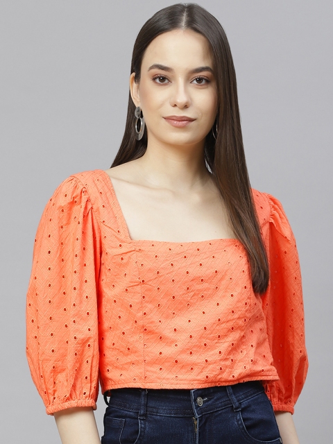 

I AM FOR YOU Orange Schiffli Square Neck Crop Top