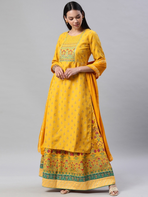

SheWill Women Yellow Ethnic Motifs Printed Gotta Patti A-Line Kurta with Skirt & Dupatta