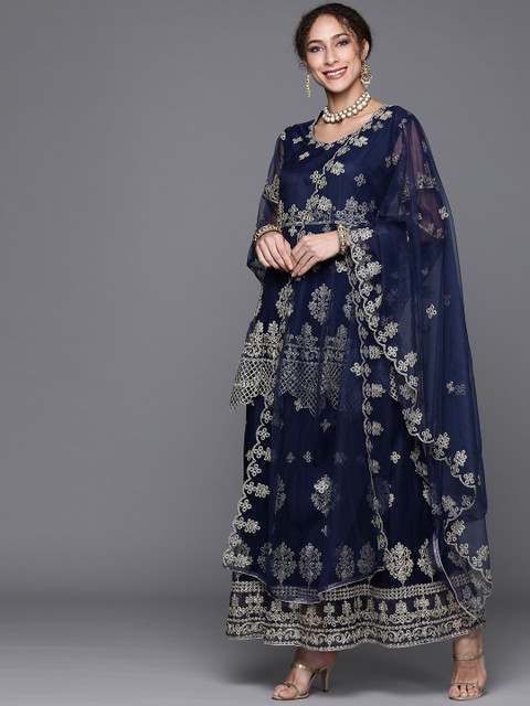 

Chhabra 555 Blue Embroidered Semi-Stitched Zari Embellished Ruffled Net Gown With Dupatta