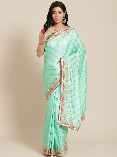 

Chhabra 555 Turquoise Blue Leheriya Silk Blend Leheriya Saree