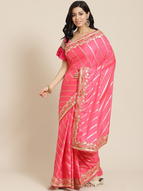 

Chhabra 555 Coral Pink Leheriya Silk Blend Leheriya Saree