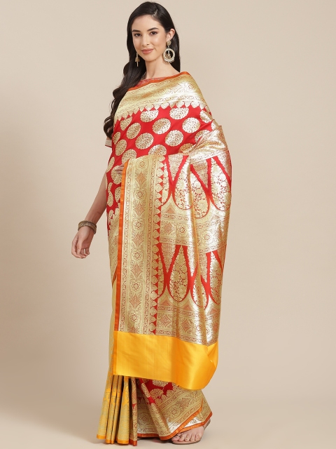 

Chhabra 555 Red & Gold Ethnic Motifs Zari Silk Blend Kanjeevaram Saree