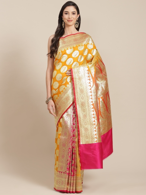 

Chhabra 555 Mustard & Gold Ethnic Motifs Zari Silk Blend Kanjeevaram Saree