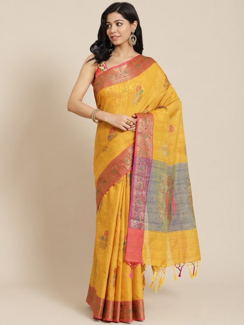 

Chhabra 555 Mustard Yellow & Pink Ethnic Motifs Chanderi Saree