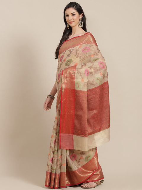 

Chhabra 555 Beige & Gold Ethnic Motifs Organza Banarasi Saree