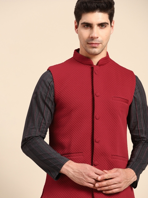 

Anouk Men Red Quilted Jacquard Silk Nehru Jacket