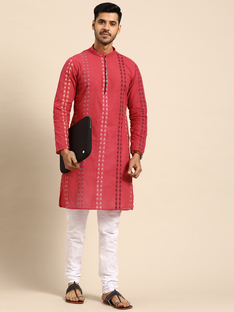 

Anouk Men Red Woven Design Regular Pure Cotton Kurta with Churidar