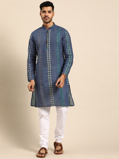 

Anouk Men Blue Printed Regular Pure Cotton Kurta with Churidar