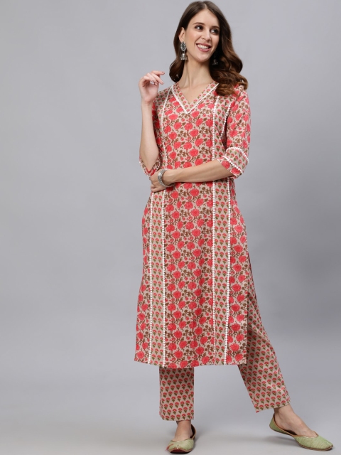 

Jaipur Kurti Women Beige & Red Floral Printed Regular Pure Cotton Kurta With Palazzos