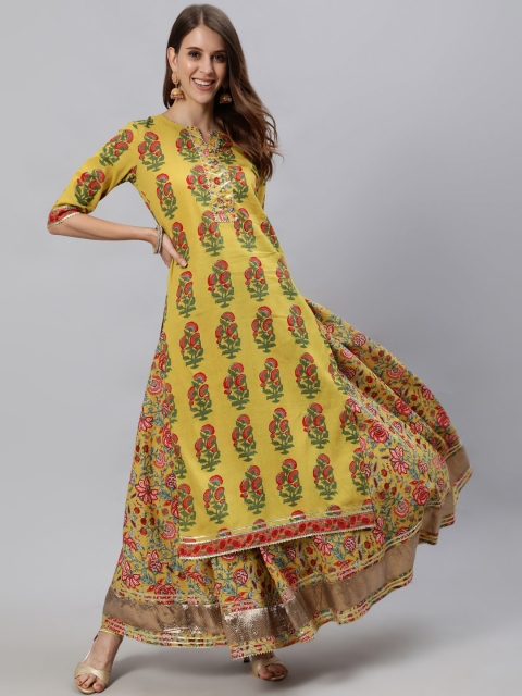 

Jaipur Kurti Women Mustard Yellow & Red Floral Printed Pure Cotton Kurta With Skirt