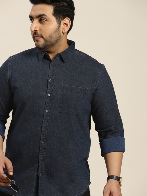 

Sztori Men Plus Size Navy Blue Pure Cotton Casual Shirt