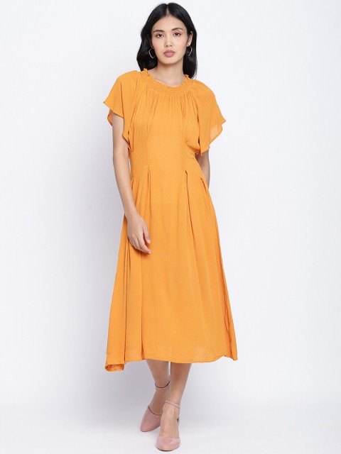 

Oxolloxo Women Mustard Yellow Crepe A-Line Midi Dress
