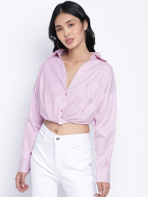 

Oxolloxo Women Pink & White Opaque Striped Cotton Crop Casual Shirt