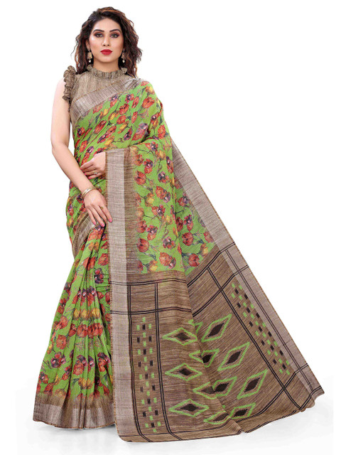 

KALINI Green & Beige Floral Printed Zari Bagh Saree