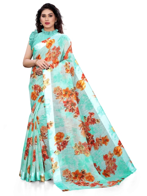 

KALINI Turquoise Blue & Orange Floral Printed Bagh Saree