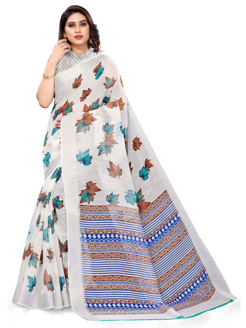 

KALINI White & Multicoloured Floral Printed Zari Bagh Saree