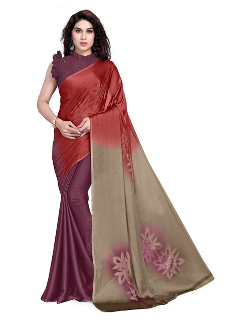 

MIRCHI FASHION Red & Purple Floral Beads and Stones Saree