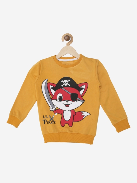 

Wyld Sprog Boys Mustard Yellow & Maroon Printed Sweatshirt
