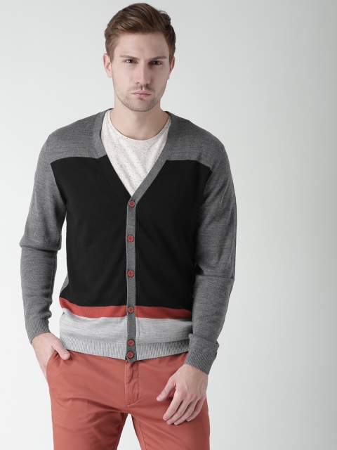 

Metersbonwe Men Black & Grey Melange Colourblocked Cardigan
