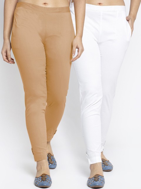 

GRACIT Pack of 2 Women White & Beige Slim Fit Cigarette Trousers