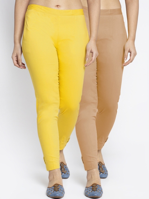 

GRACIT Women Pack Of 2 Skinny Fit Cigerette Trousers, Yellow