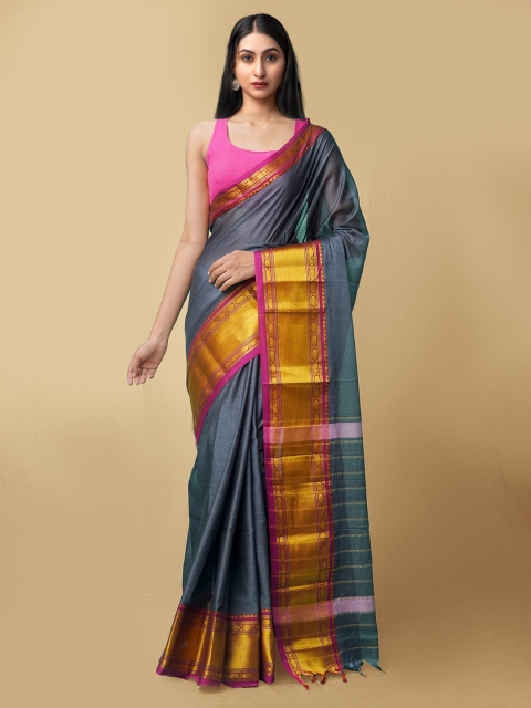 

Unnati Silks Grey & Pink Zari Pure Cotton Narayan Peth Saree