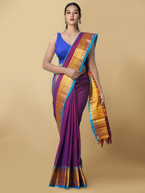 

Unnati Silks Women Purple & Gold-Toned Pure Handloom Narayanpet Cotton Sustainable Saree