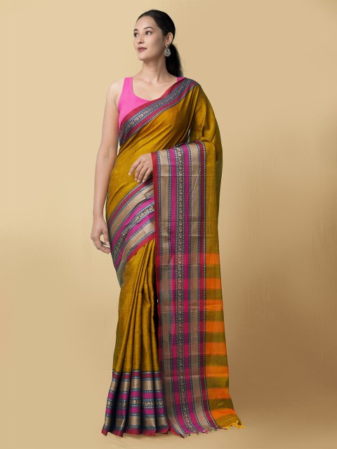 

Unnati Silks Brown & Mustard Pure Cotton Narayan Peth Saree