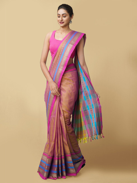 

Unnati Silks Orange & Pink Pure Cotton Narayan Peth Saree