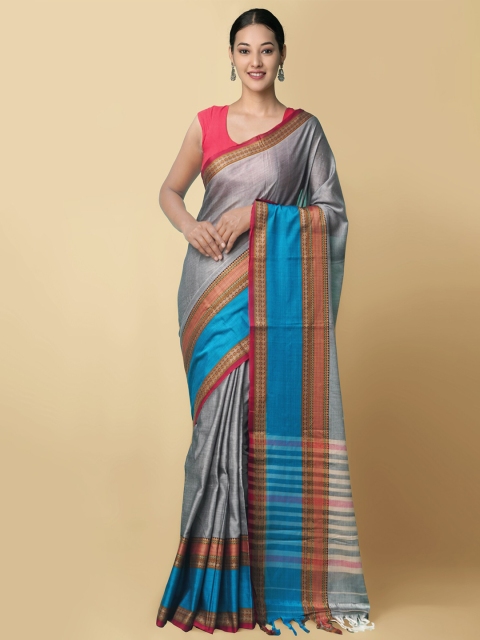 

Unnati Silks Grey & Blue Pure Cotton Kanjeevaram Saree