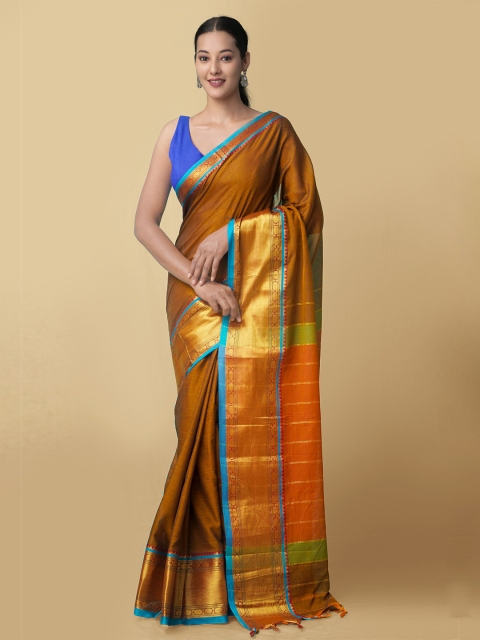 

Unnati Silks Orange & Gold-Toned Zari Pure Cotton Narayan Peth Saree