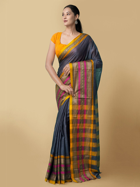 

Unnati Silks Grey & Yellow Pure Cotton Narayan Peth Saree