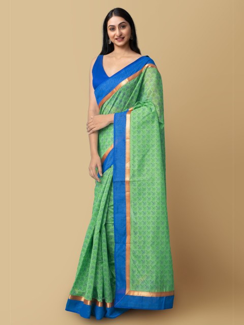 

Unnati Silks Green & Gold-Toned Woven Design Art Silk Chanderi Saree with Stitched Blouse